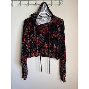 Bear Dance Dragon Print Velvet Cropped‎ Hoodie Black Red L Y2K Grunge Streetwear